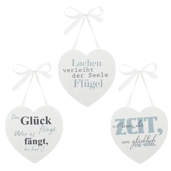 3er Set Herzanhänger mit Sprüchen, 14 cm - Inspirierende Wanddeko