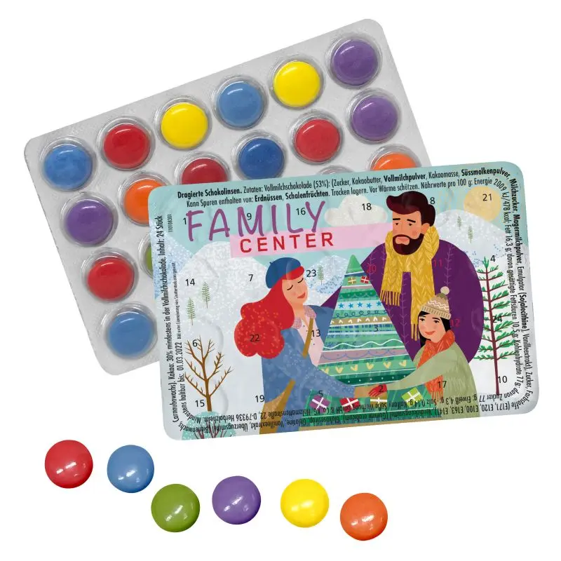 Mini-Adventskalender mit Schokolinsen, individuell bedruckbar