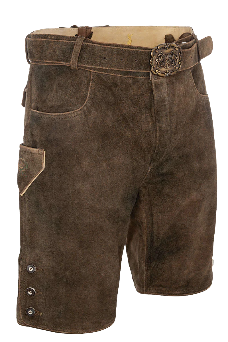 Kurze Herren Lederhose mit Reißverschluss Gürtel mit Bayernwappen