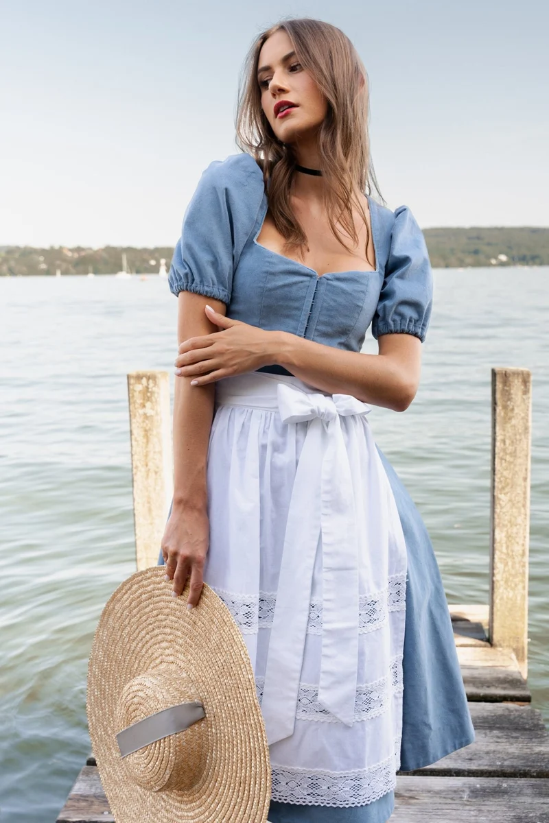 CORD DIRNDL LIMITED EDITION 2024 FLARE FLOWER TRADITION HELLBLAU WEISS MIT 2 SCHÜRZEN