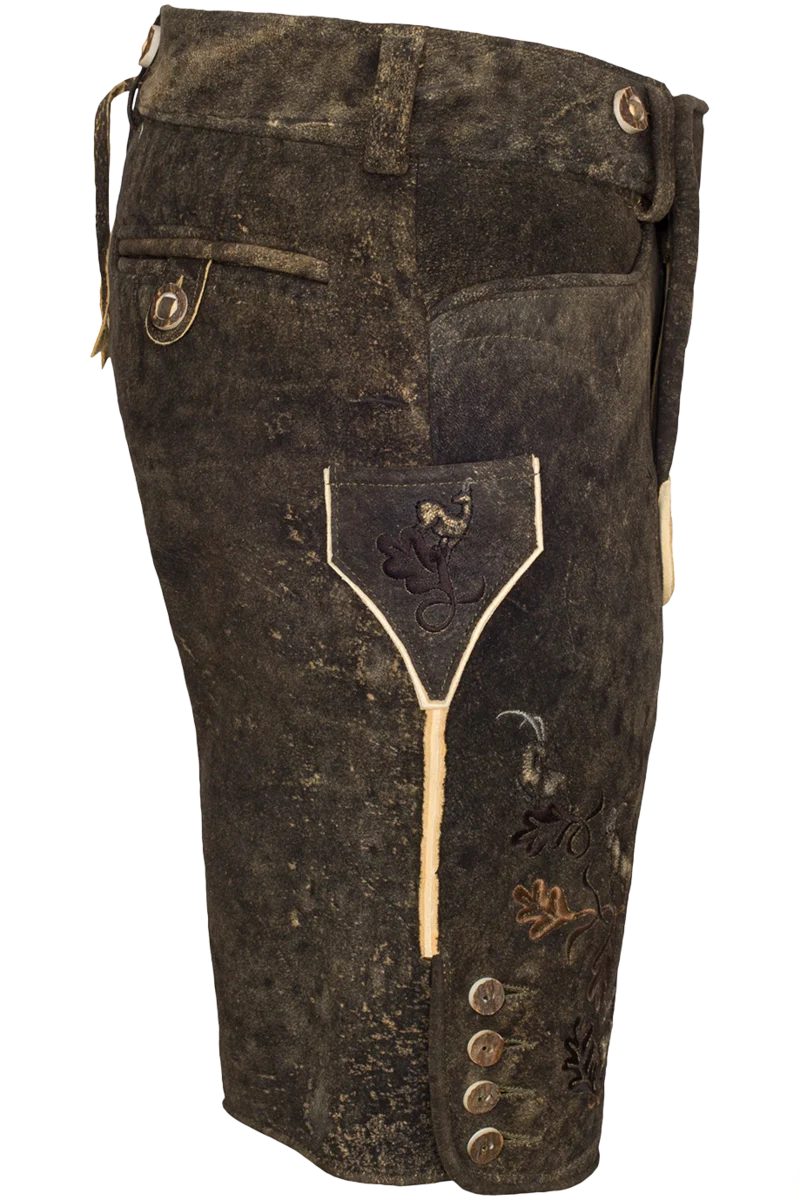 Trachten Herren Hirschlederhose kurz bestickt altleder antik dunkel