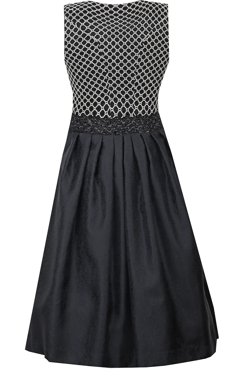 Midi-Dirndl mit eckigem Ausschnitt und Häkelspitze und Strassschürzenband
