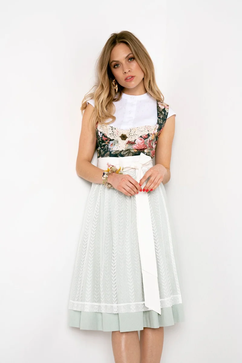LEINEN HOCHZEITSDIRNDL OXFORD FLOWERS BLEU/ MINT