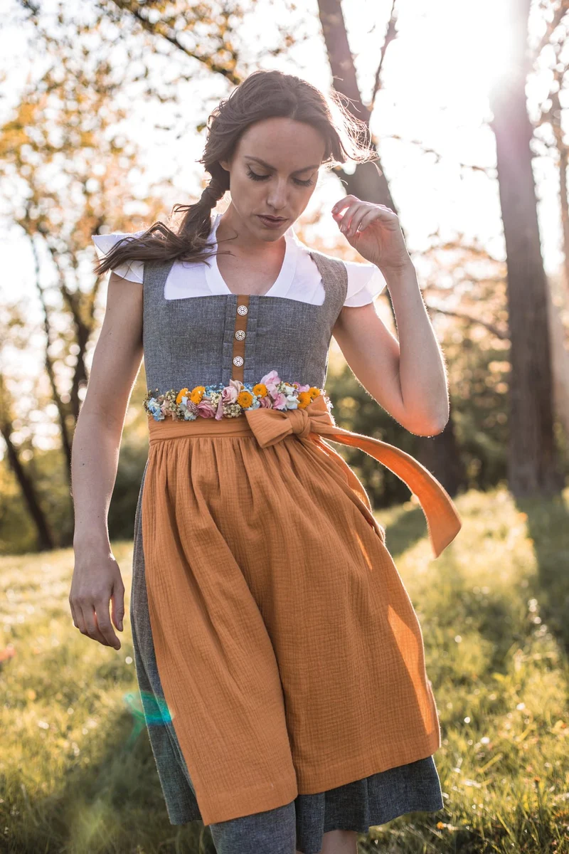 LEINEN DIRNDL TRADITIONAL GREY MELANGE/ SENF