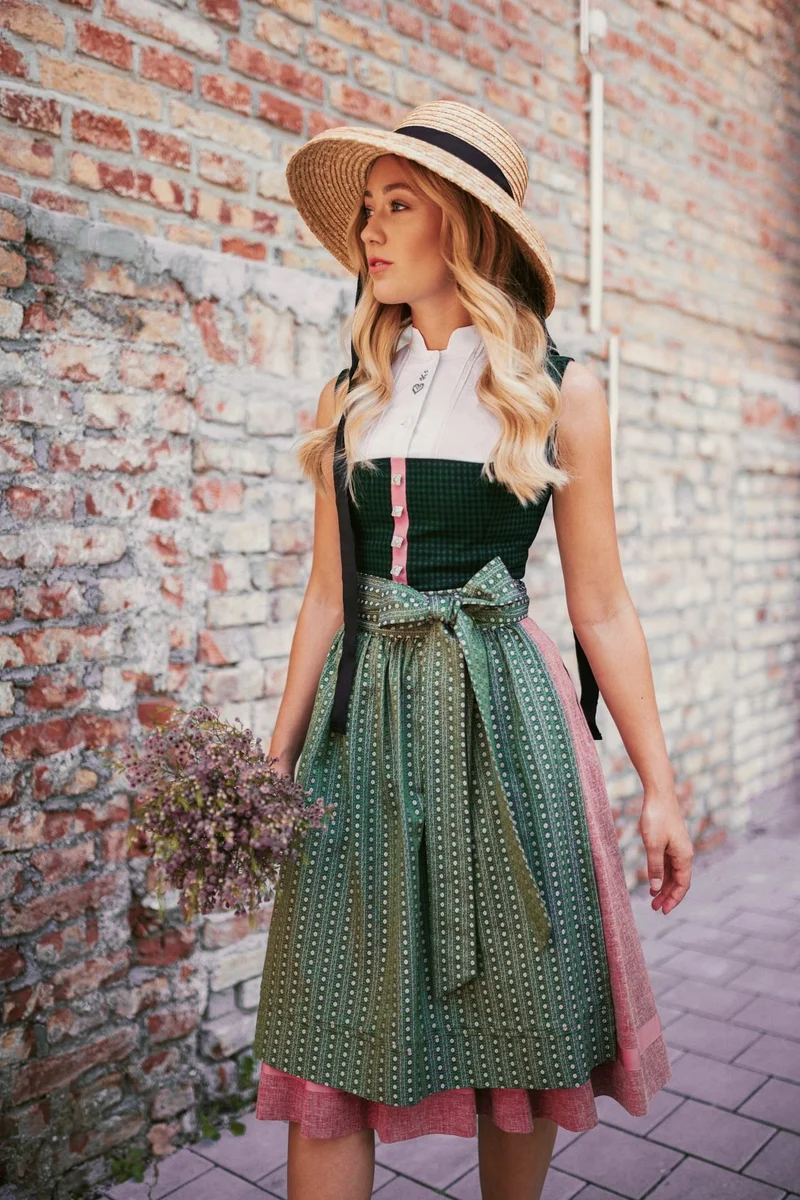 LODEN DIRNDL KARO FLOWER STRIPES FLASCHENGRÜN/ALTROSA