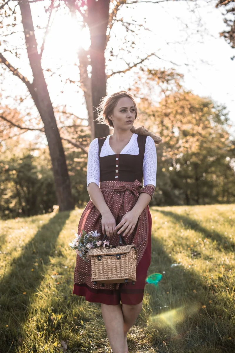 LODEN DIRNDL KARO FLOWER STRIPES CHIANTI/ ROST