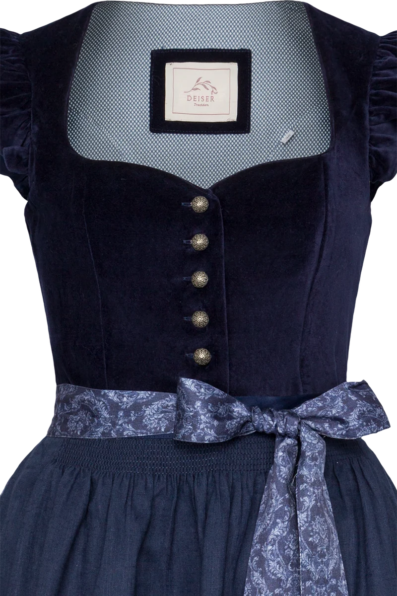 Baumwolldirndl Midi mit Samtmieder und Flügelärmel - marine