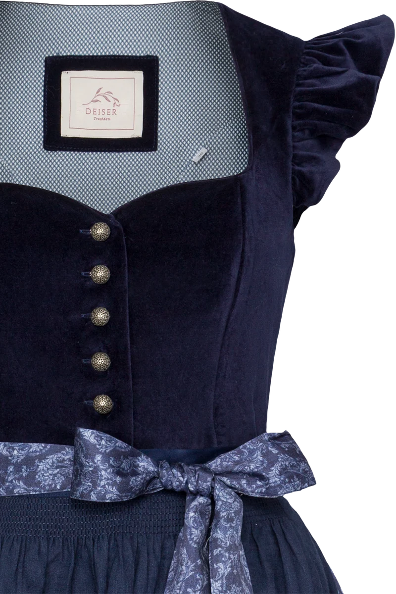 Baumwolldirndl Midi mit Samtmieder und Flügelärmel - marine