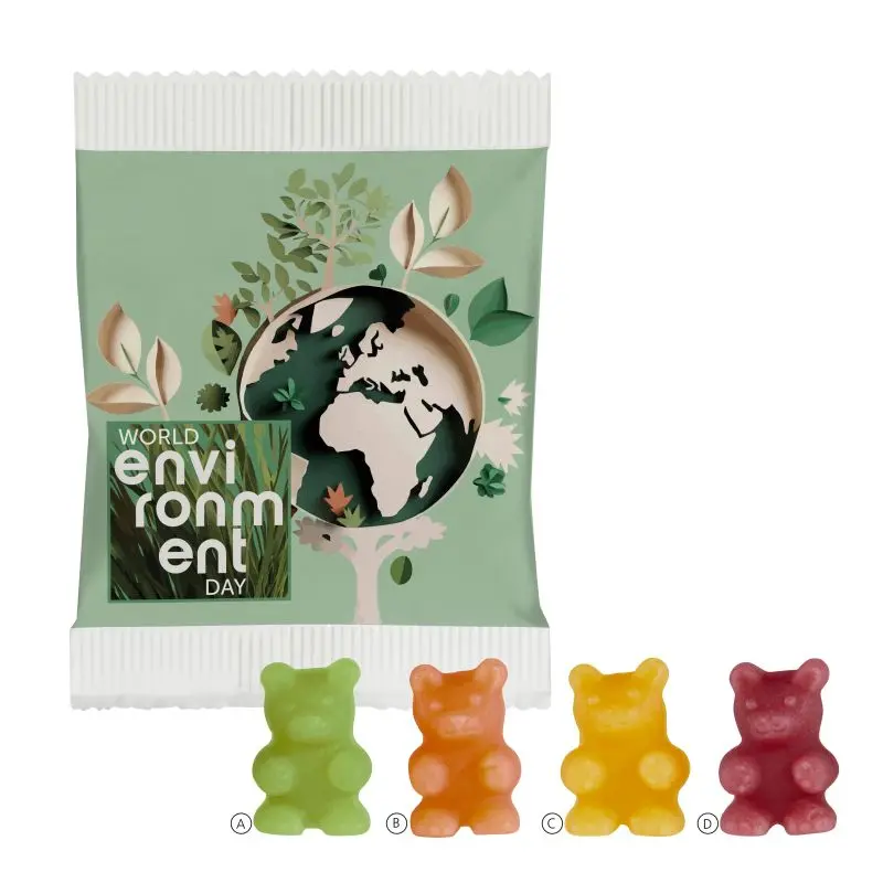 Tee-Aroma Gummibärchen in bedrucktem Papiertütchen für Werbezwecke